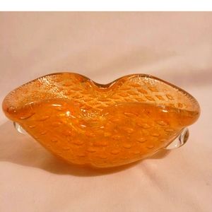 VTG Speckled Gold Leaf Murano Galliano Ferro Bullicante Amber and Clear Bowl 6".